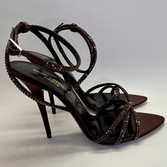 Saint Laurent Ava 105 Heels Size 38 Brown Crystal Embellished Stiletto Sandals - Picture 4 of 16